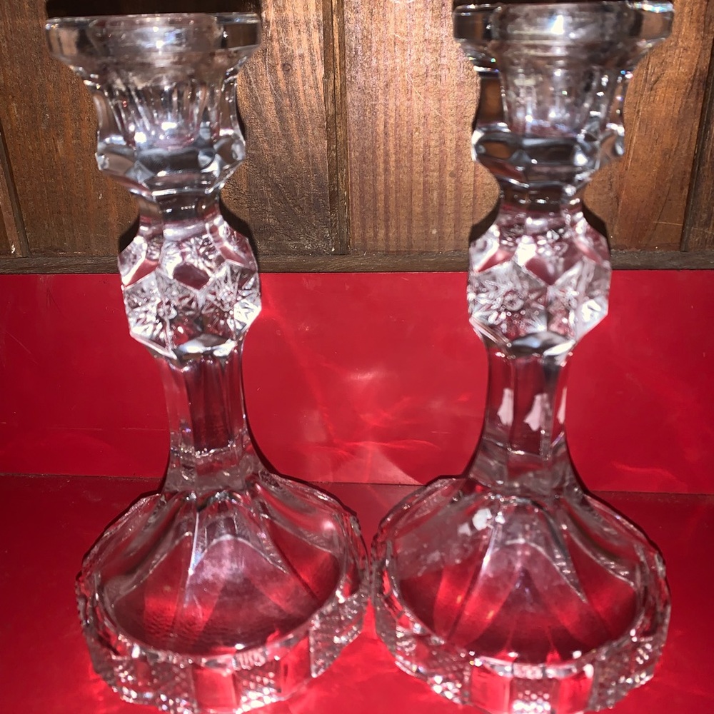 Vintage IMPERIAL GLASS #43790 PAIR PRESSED CRYSTAL CANDLE HOLDERS   7.5 " Tall